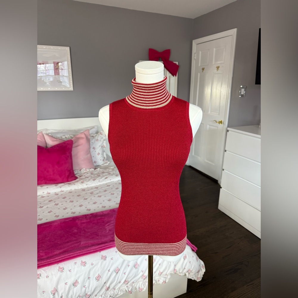 Red Sleeveless Knit Top with Striped Turtleneck